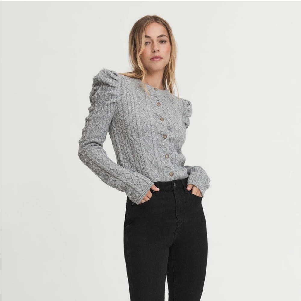 Something Navy Charlie Puff Shoulder Cable Knit Cardigan Light Gray